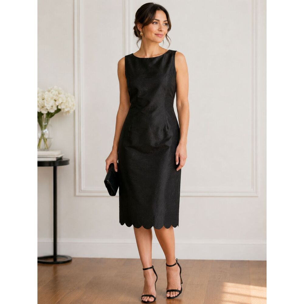 Ann Taylor Black Dupioni Silk Dress Scallop Hem Sleeveless Cocktail Midi Size 6